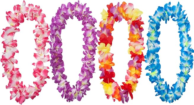 4PCS Hawaiian Flower Leis for Luau Parties - Tropical Party Decorations & Favors, Hawaiian Lei Garland Necklaces for Birthdays, Wedding & Summer Beach Vacations