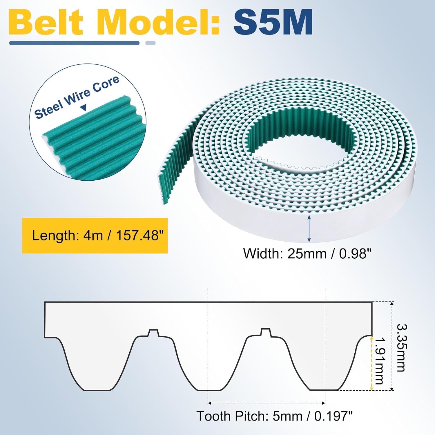 uxcell S5M Open Ended Timing Belt, 25mm Width x 4 Meter Length, 5mm Pitch Length, Steel Wires Inside Synchronous Belt and Wrapped with Green Cloth Below for Absorbing The Vibration, White