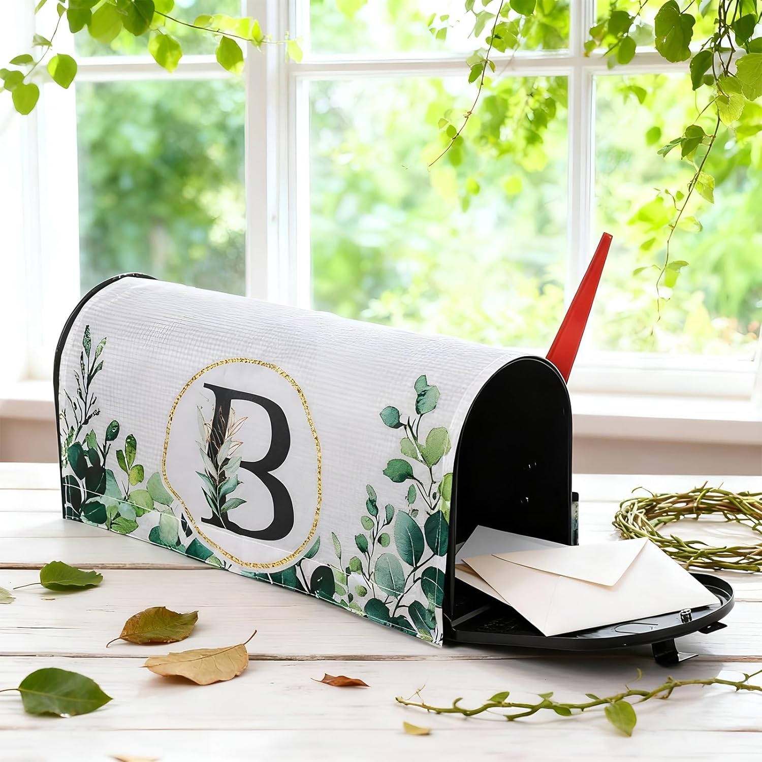 Tiamon Monogrammed B Mailbox Covers Magnetic Eucalyptus Welcome Letter Box Wrap Standard Size 21x18 Inch Spring Summer Leaves Mailbox Decor Eucalyptus Letter Numbers Decoration for Outdoor Garden Yard