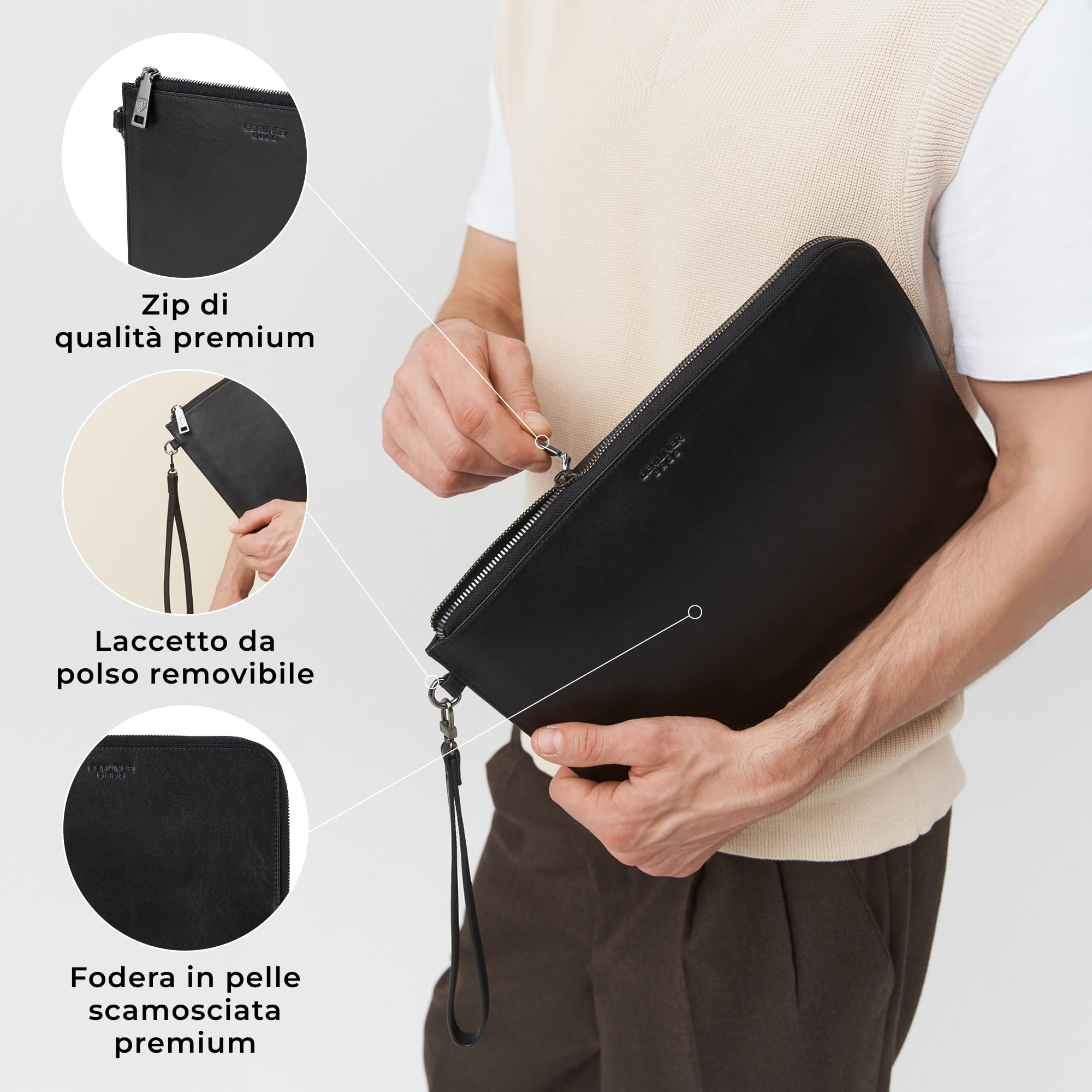 Berliner Bags Cartella Porta Documenti Alex XL in Vera Pelle, Organizer da Viaggio con Zip e Laccetto, Porta Passaporto e Documenti, Unisex – Nero