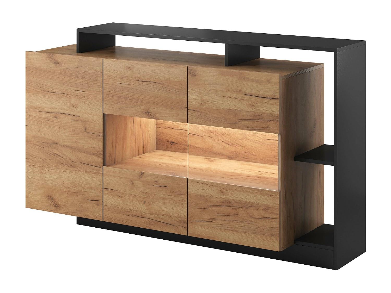 Vente-unique - Buffet 3 Portes et 3 niches avec LEDs - Coloris : Naturel et Anthracite - IDESIA