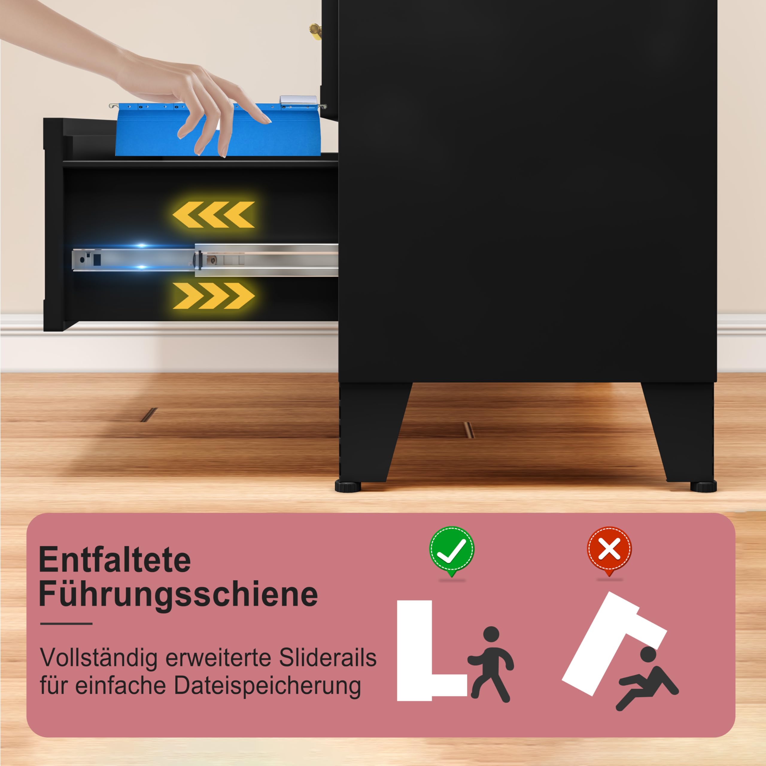 4 Schublade Metall Datei Schrank, hohe breite Tiefe Kommode Schrank, Aufbewahrungsschrank mit Schublade Organizer Einheit für Kleidung, Schlafzimmer, Wohnzimmer, Flur, Eingang, Schwarz