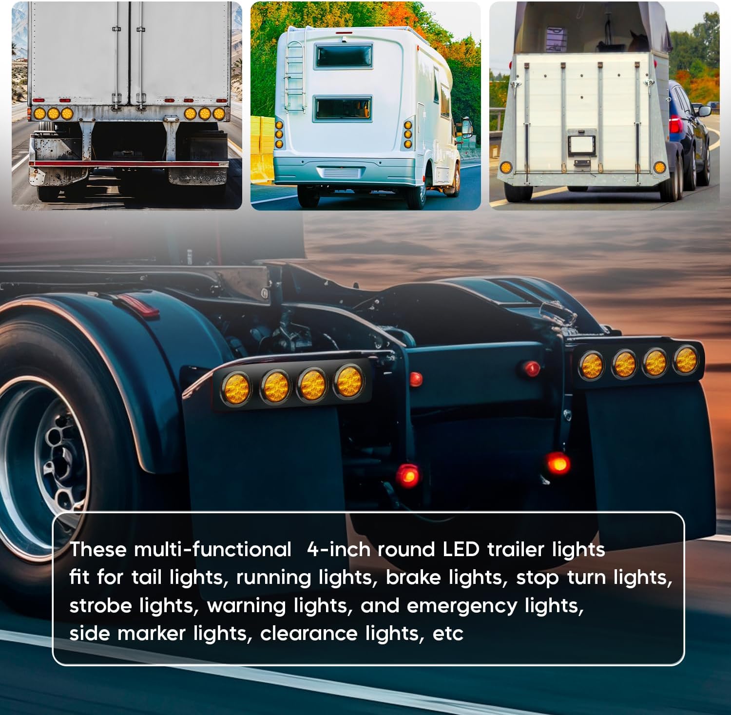 2 Pcs 4" Amber LED Round Marker Clearance Tail Light with 3 Modes (Low/High/Strobe) 12 LED Grommet & Prong Plug, 12V DC for Trailer, Truck, Van, RV, Tractor