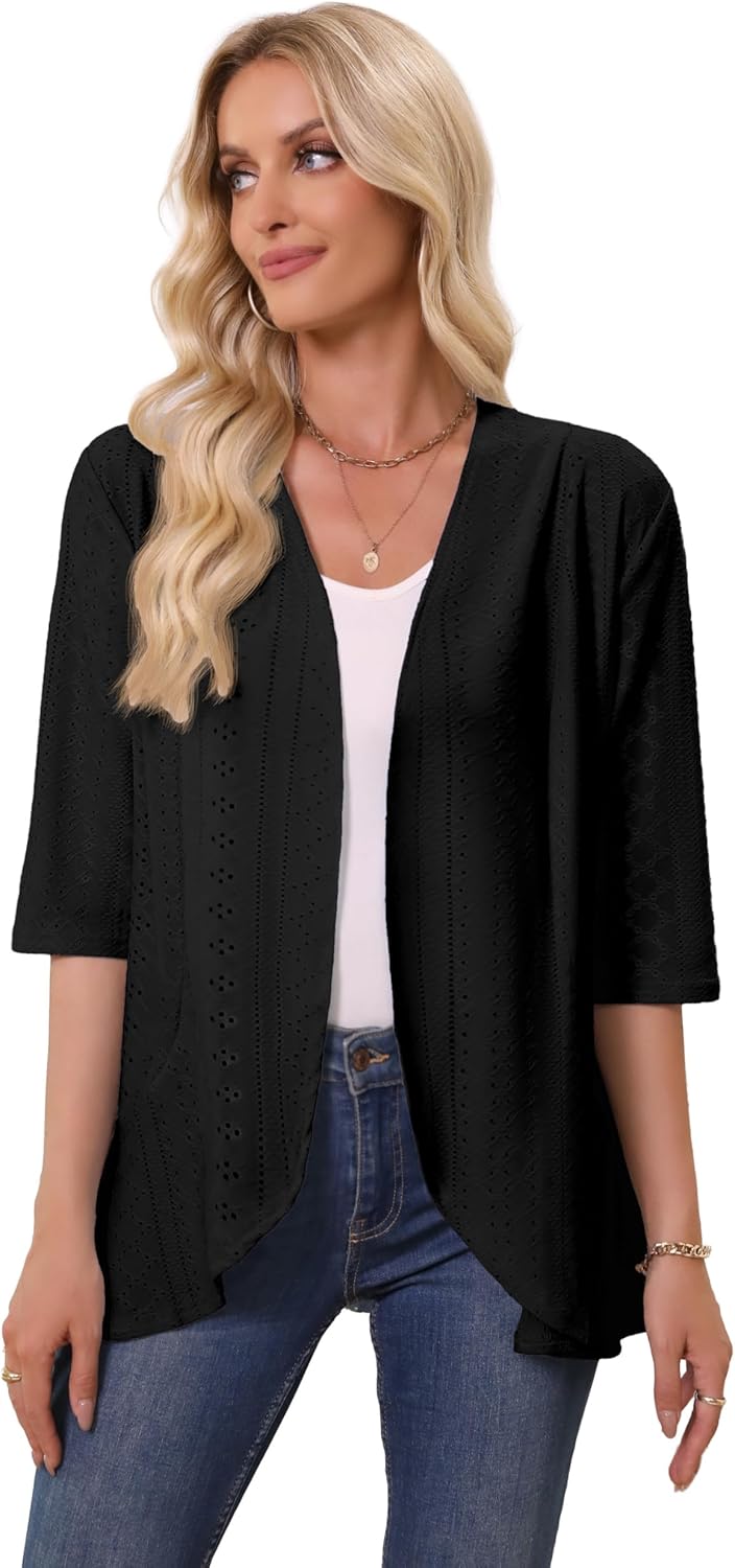 Askyes Women Cardigan 3/4 Sleeves Open Front Lightweight Soft Netted Knit Draped Ruffles Cardigan Kimono Cover Ups - Image 4