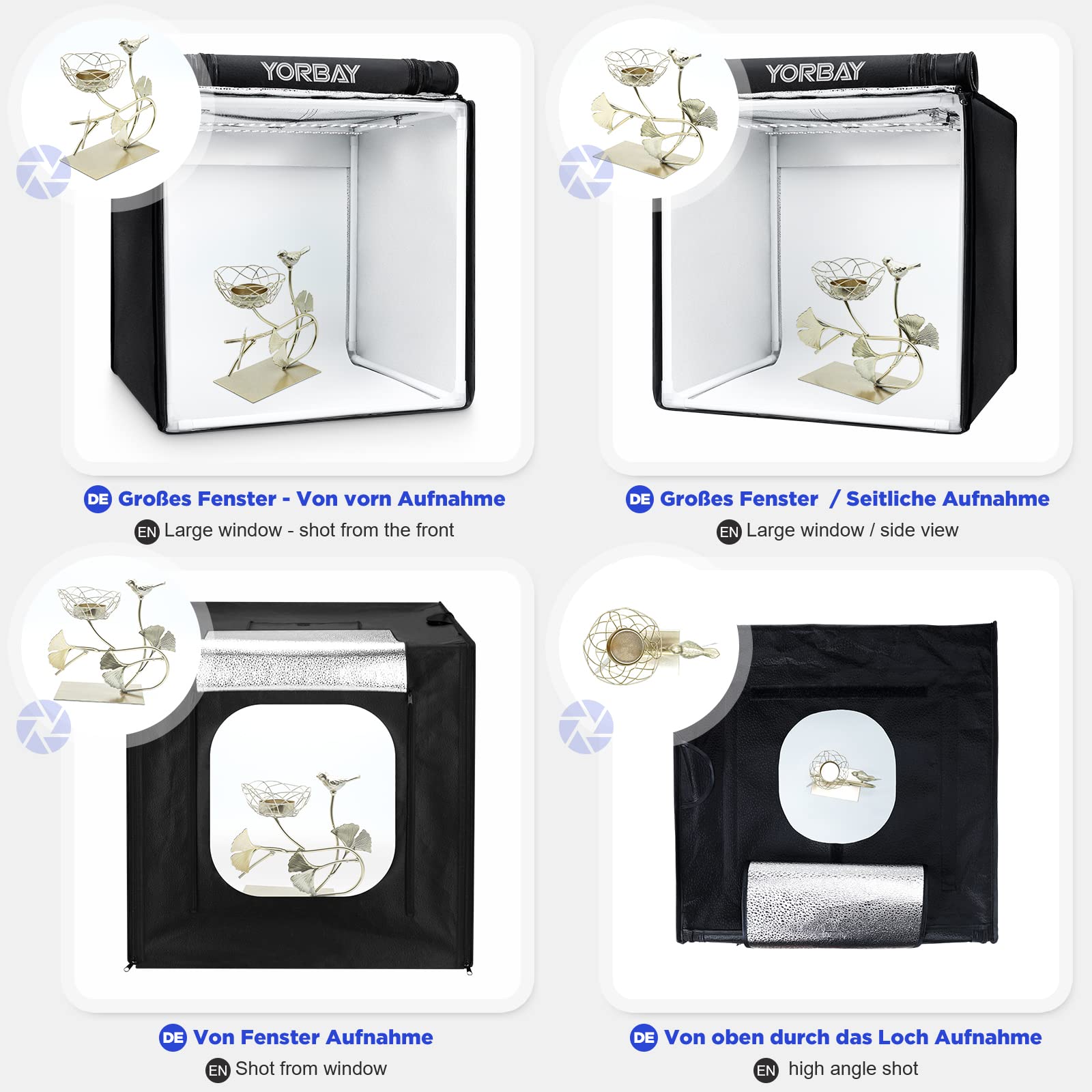 Yorbay Tenda Studio Fotografico Luminosità Regolabile 40 x 40 x 40 cm CRI 95+, Fotografica a LED Scatola Luminosa Cubo Luminoso Professionale, 4 Fogli di Sfondo in PVC (Nero/Bianco/Grigio/Rosso)
