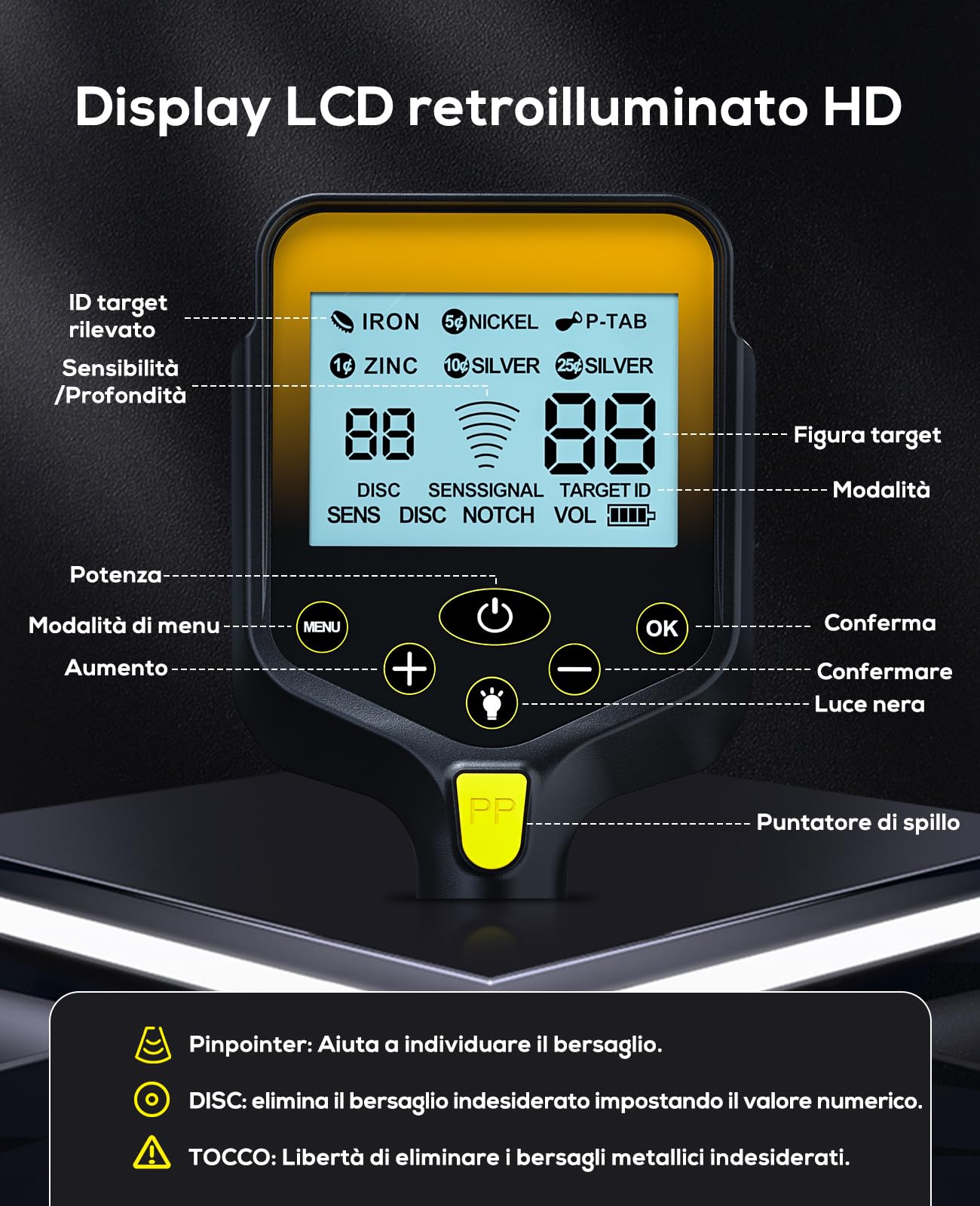 Metal Detector Professionali - 2000mAH Ricaricabile Metal Detector Oro per Adulti con Display LCD, Alta Precisione, Bobina di Ricerca IP68 Impermeabile da 10", Pieghevole e Retrattile