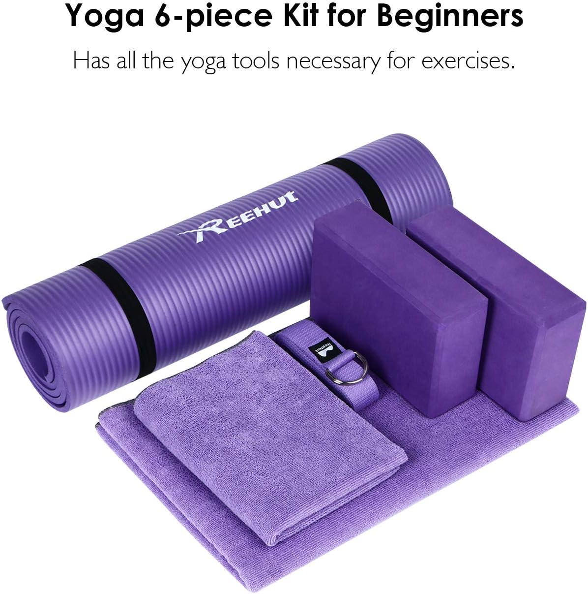 REEHUT Yoga Set 6-Piece - Includes 1/2" Thick NBR Yoga Mat with Carrying Strap, 2 Yoga Blocks, 1 Yoga Mat Towel, 1 Yoga Hand Towel & 1 Yoga Strap (Purple)