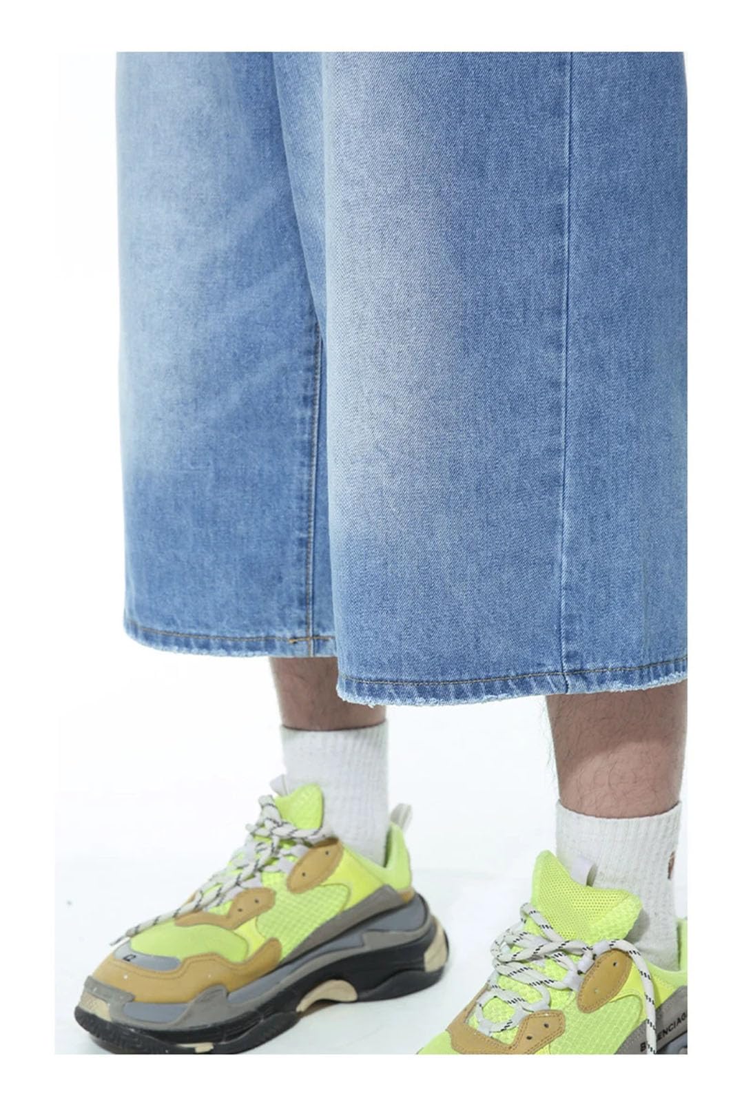 Damskie dżinsy retro unisex styl szerokie nogawki wysoka talia luźne krótkie spodenki, Jasnoniebieski, L