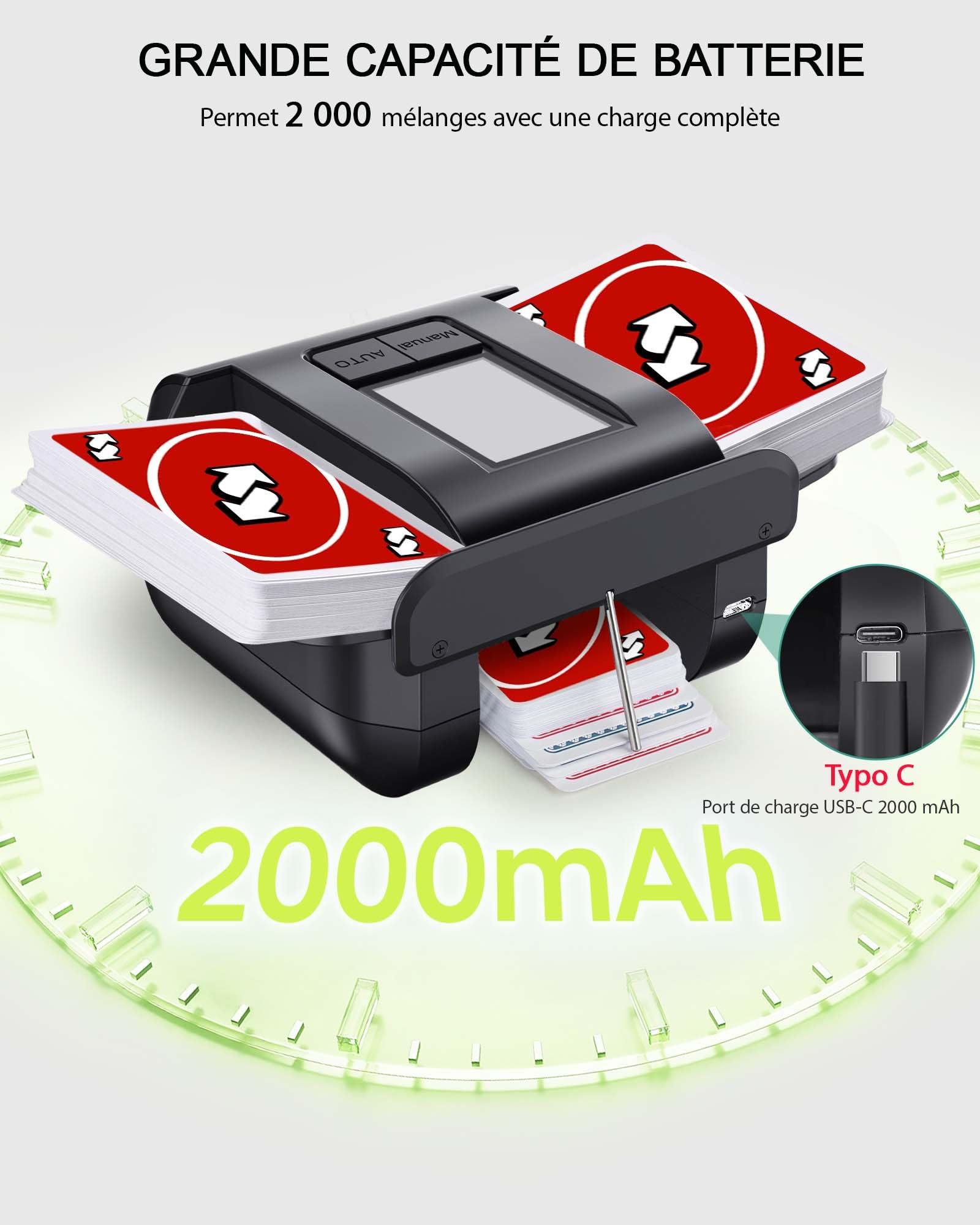 Mélangeur de Cartes Automatique, Mélangeur Électrique pour 1-2 Ponts Mode Auto & Manuel Rechargeable 2000mAh Faible Bruit Idéal pour Poker UNO Blackjack Skip-Bo Phase 10 Texas Hold'em Belote
