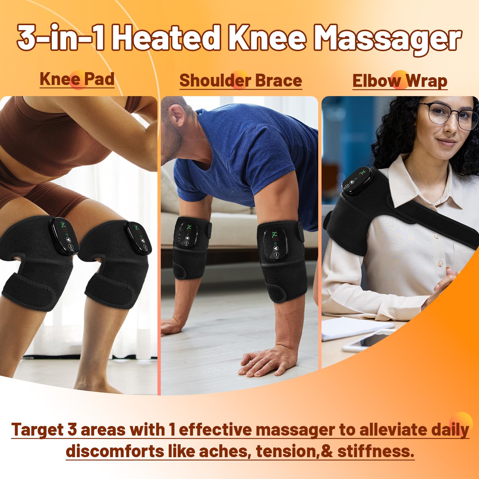 LANGSKIP'S Kniemassagegerät mit Wärme und Vibration, 3-in-1-Heizkissen für Schulter- und Ellenbogen, schnurlose, wiederaufladbare Beinbandage zur Linderung von Knieschmerzen für Männer und Frauen