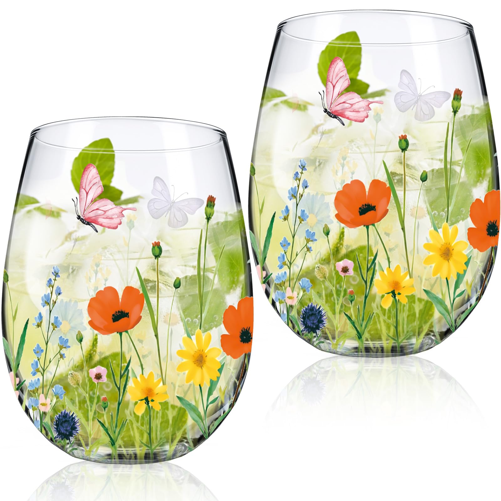Sliner 2 Pack 17oz Wildflower Stemless Wine Glasses Floral Butterfly Drinking Glasses Spring Flowers Tumbler Cups for Graduation Wedding Mother's Day