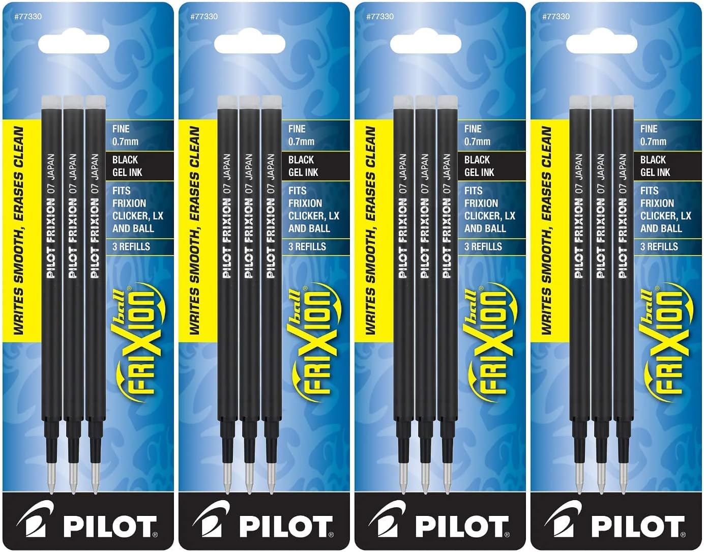 PILOT FriXion Gel Ink Refills for Erasable Pens, Fine Point, Black Ink, 4 Pack of 3 Reffils each (77330)