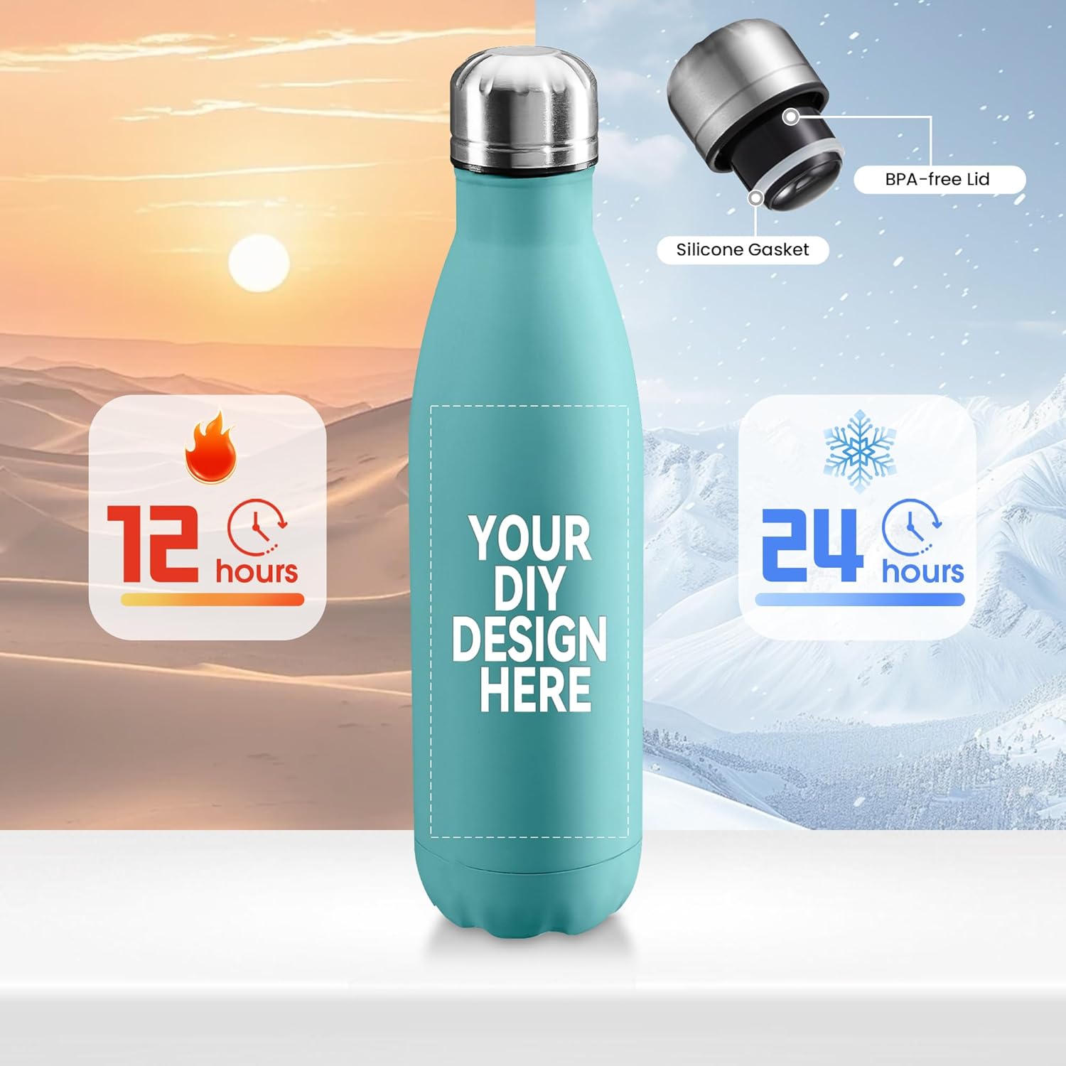 Personalized Custom 17oz Water Bottle, Stainless Steel Insulated Double Wall Vacuum Water Bottle Leak-Proof Cups for Sports & Travel (Blue, 1 pack)
