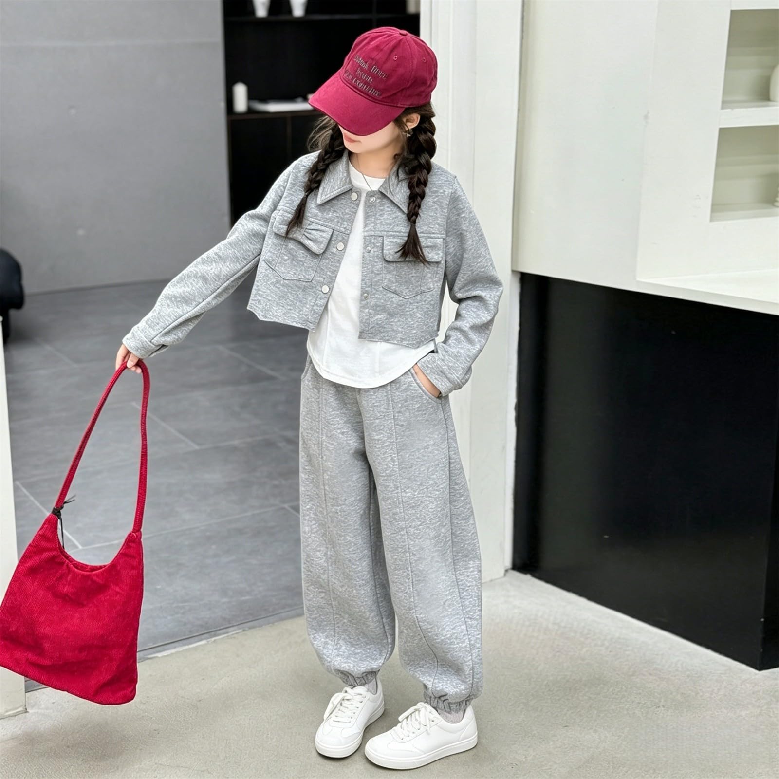 Crop-Jacke für Mädchen, mit Kragen, weites Bein, Trainingsanzug