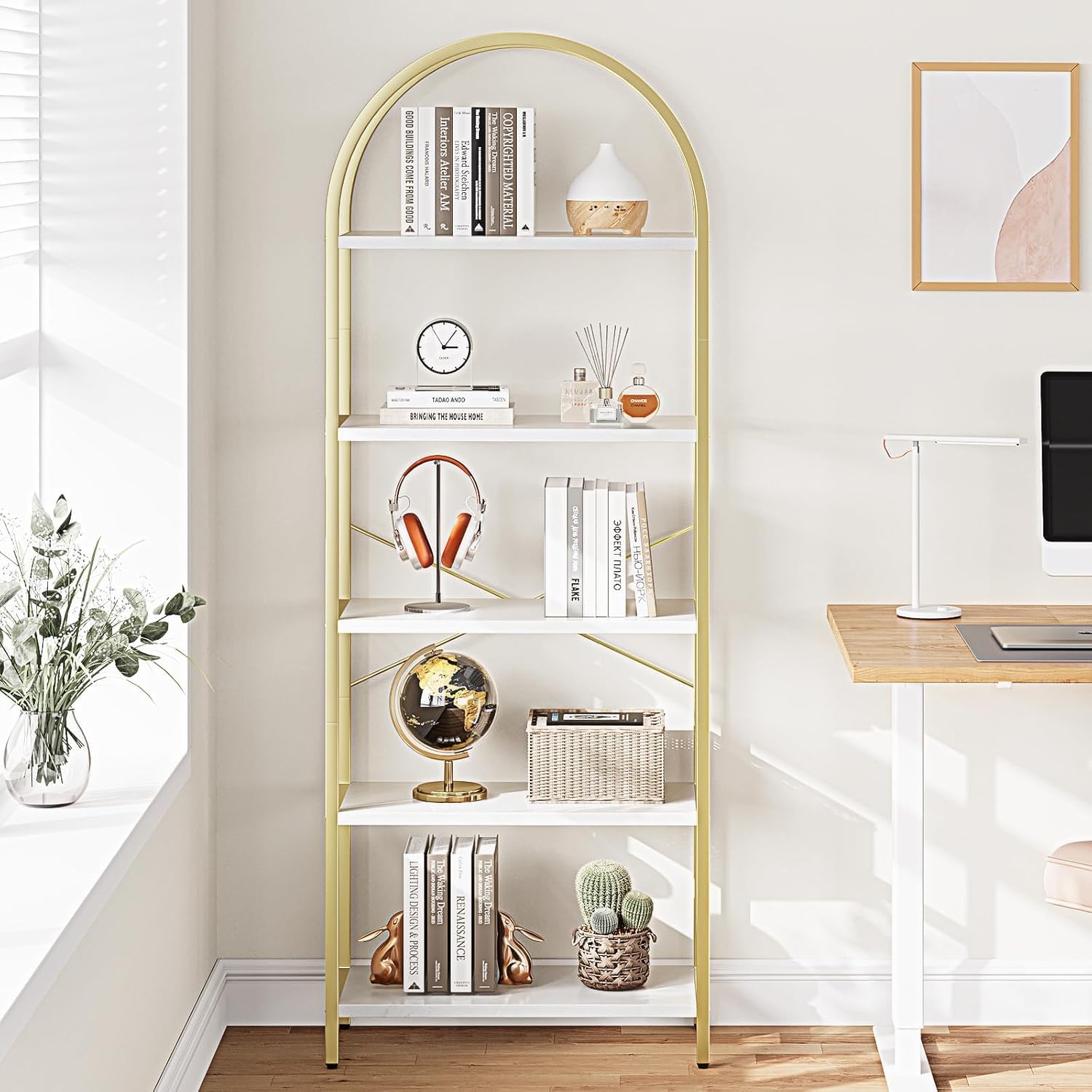 IDEALHOUSE Set di 2 librerie da 180 cm, design ad arco, scaffale aperto a 5 livelli, scaffale alto stretto con telaio in metallo, per casa, ufficio/soggiorno, 1 articolo, più scatole