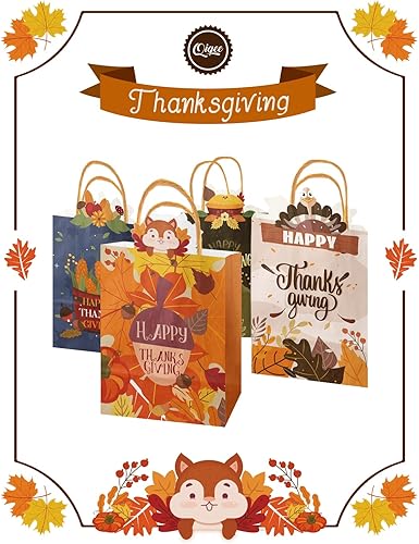 Miniatura 8 de qiqee Paquete de 24 bolsas de regalo de papel de Acción de Gracias con asas a granel de 8.26 x 6 x 3.15 pulgadas, bolsas de regalo de calabaza,