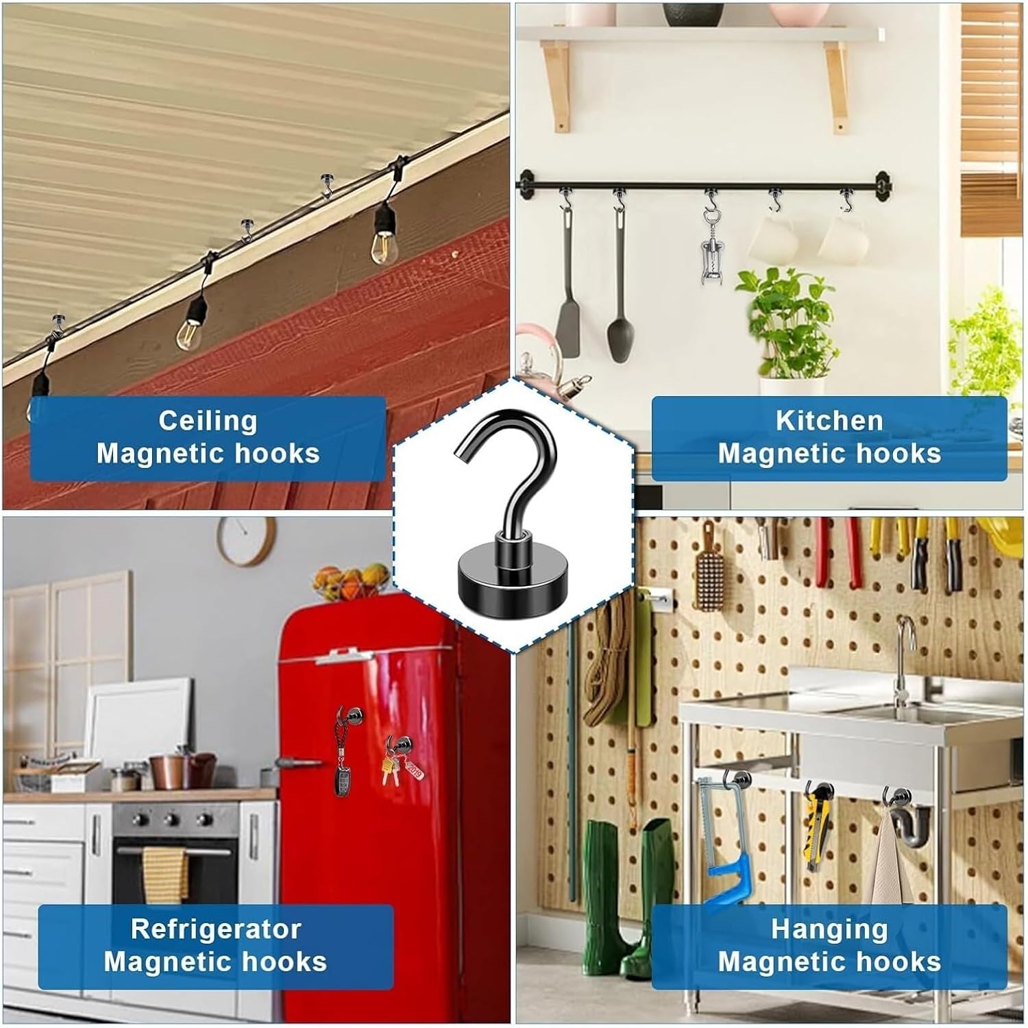 Magnetic Hooks Heavy Duty，Compatible for Hanging, Magnet with Home, Kitchen, Workplace, Office (Black, Pack of 6/8/12)(Pull Max 10kg,12Pcs)