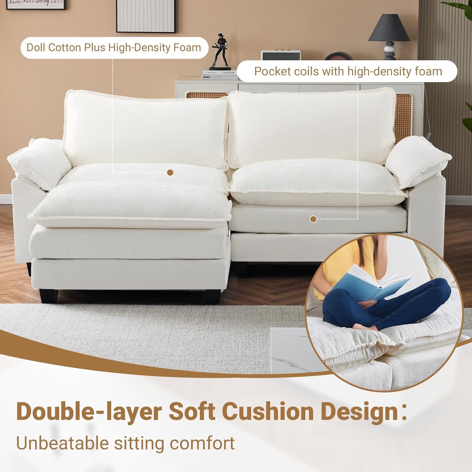 VINGLI 87" Convertible Sectional Sofa,L-Shaped Deep Seat Sofa Couch for Living Room,Modern 2-Seat Loveseat Sofa with Ottoman for Small Space,Apartment,Chenille,Cream