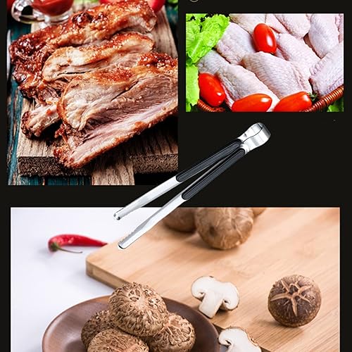 Miniatura 7 de Juego de 3 pinzas de acero inoxidable para barbacoa, pinzas resistentes para barbacoa coreana, parrilla, cocina, servir con agarre seguro (2 negros,