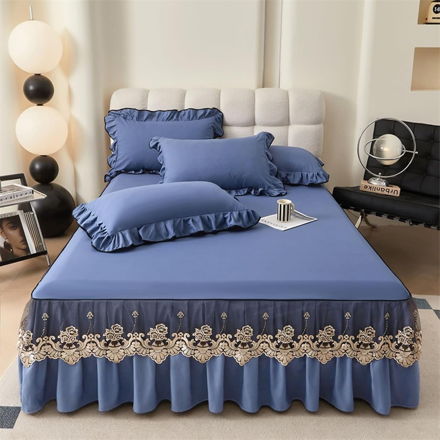 Beydodo Ruffled Bed Skirt 59 x 78 inch, Bed Sheets Navy Blue with Embroidered Lace, Polycotton Mattress Protector 150x200cm