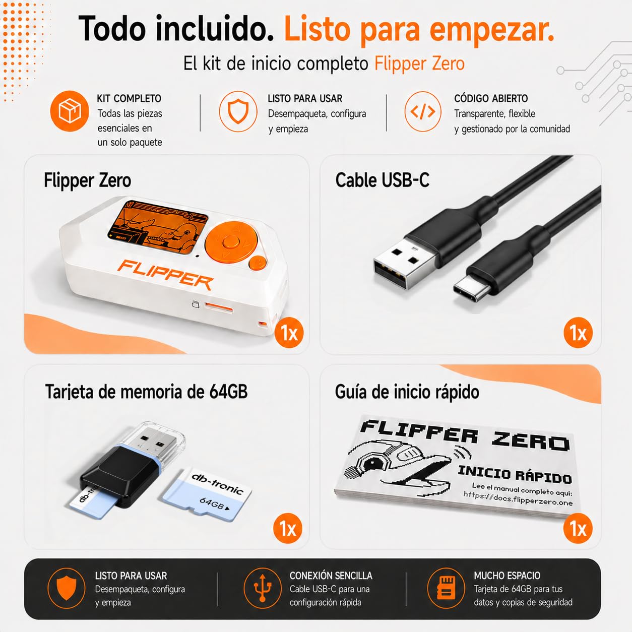 Flipper Zero Set | Flipper Zero | Tarjeta de Memoria 64 GB | Adaptador de Lector de Tarjetas