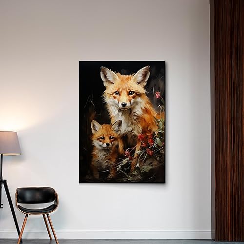 Miniatura 3 de Fox Mother Cub Prints, In The Style Of Stencil,Based, Ivory, Kids Wall Art, Kids Wall Art Display, Mom And Baby Animal Art Print, Canvas, Home Decor
