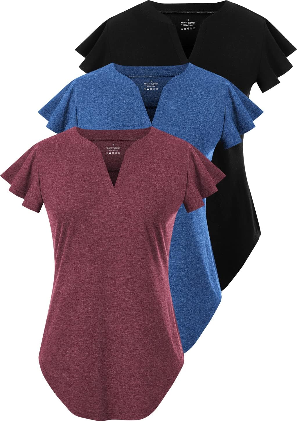 Star Vibe 3 Pack Women's V-Neck T-Shirts Short Sleeve Summer Tops Casual Ruffle Sleeve Tee Shirt Slim Fit Blouses