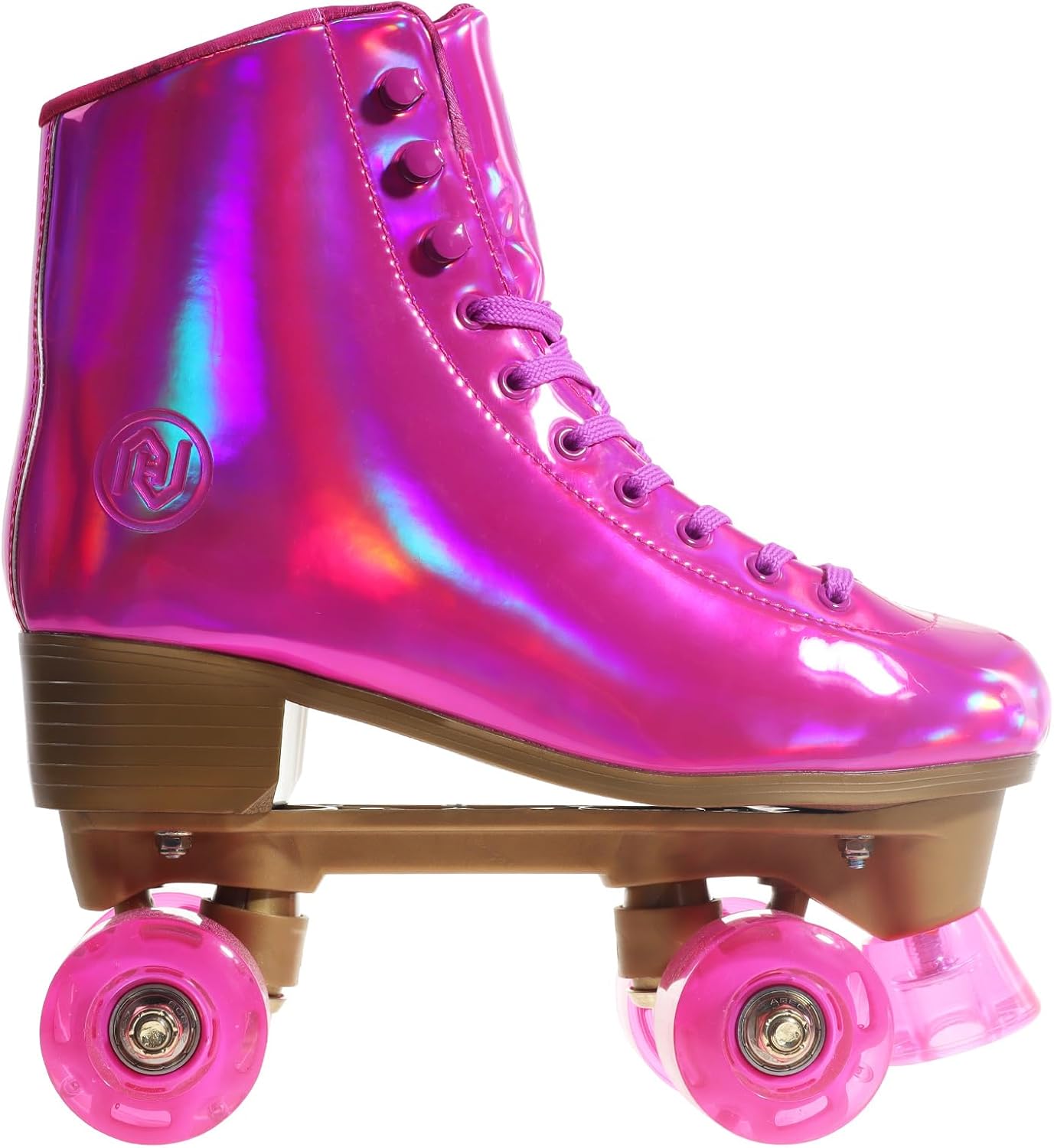 JajaHoho Roller Skates for Women, Magenta Holographic High Top PU Leather Rollerskates, Shiny Double-Row Four Barbie Pink Fushcia Wheels Quad Skates for Girls and Age 8-50 Indoor Outdoor (Plum)