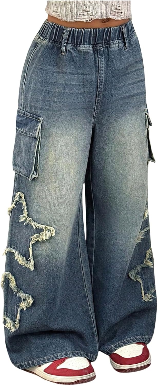MakeMeChic Girl's Wide Leg Jeans Baggy Elastic Waist Distressed Grunge Streetwear Denim Pants