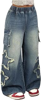 MakeMeChic Girl's Wide Leg Jeans Baggy Elastic Waist Distressed Grunge Streetwear Denim Pants