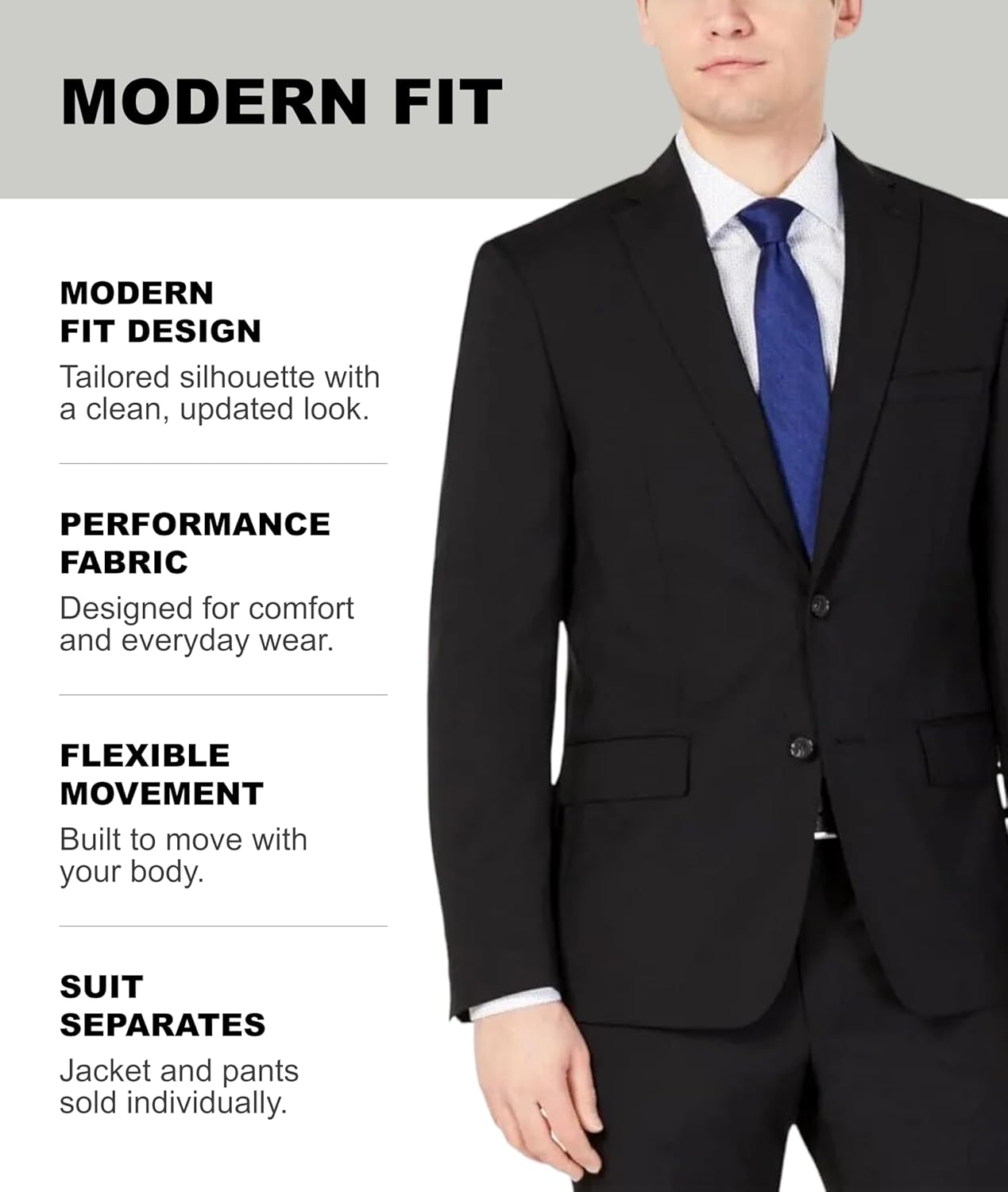 DKNY Men's Modern Fit High Performance Suit Separates, Black Solid, 42R