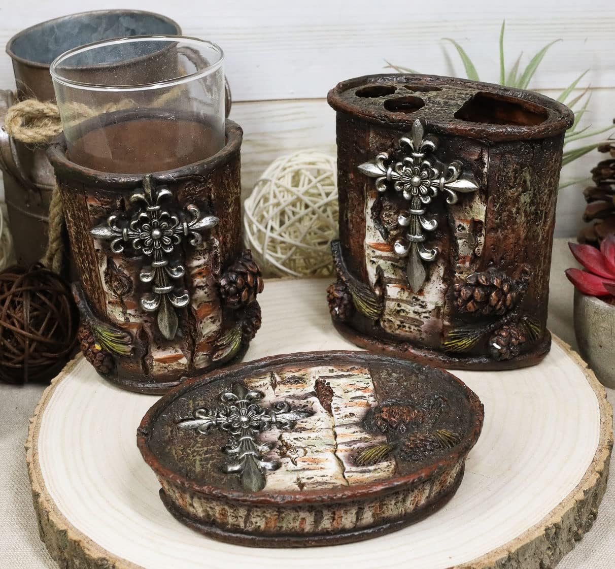 Ebros Gift Rustic Southwestern Inspirational Le Fleur Cross with Birch and Pinecones Bathroom Accessory Resin Sculpture Fleur De Lis Accent (Tumbler Cup, Soap Dish and Toothbrush Holder Set of 3)
