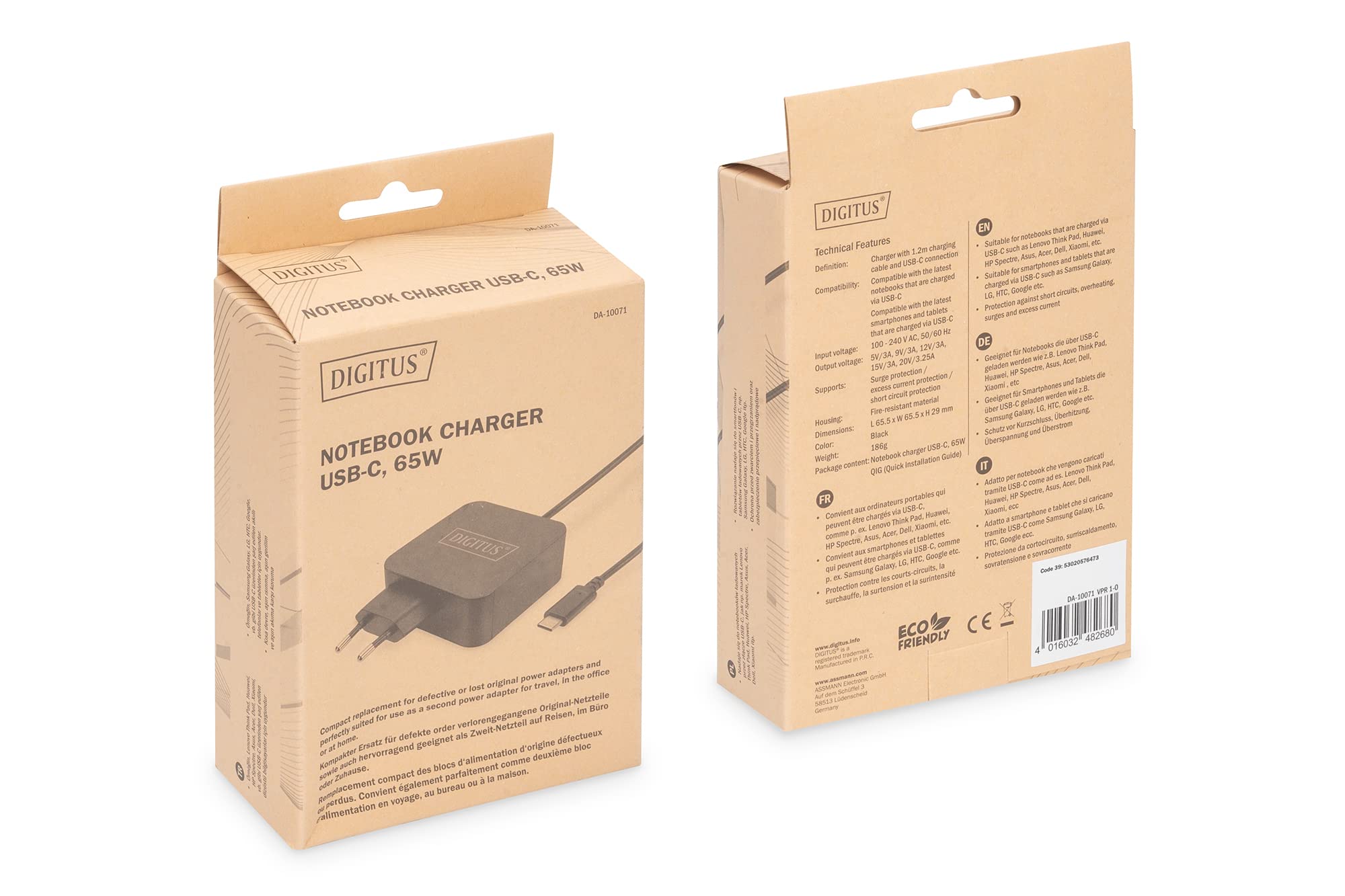 DIGITUS Ładowarka 65 W - Z kablem do ładowania USB-C - Fast Charger Power Delivery (PD 3.0) - Do MacBook Pro/Air, Lenovo, ThinkPad, HP, Dell, ASUS, Acer & Urządzenia mobilne - Czarny