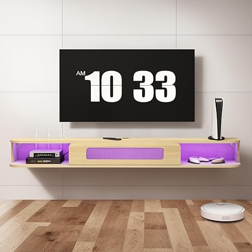 Soporte flotante para TV con luces LED, armario de TV montado en la pared de 47 pulgadas con puerta de vidrio y 2 gabinetes, consola central de