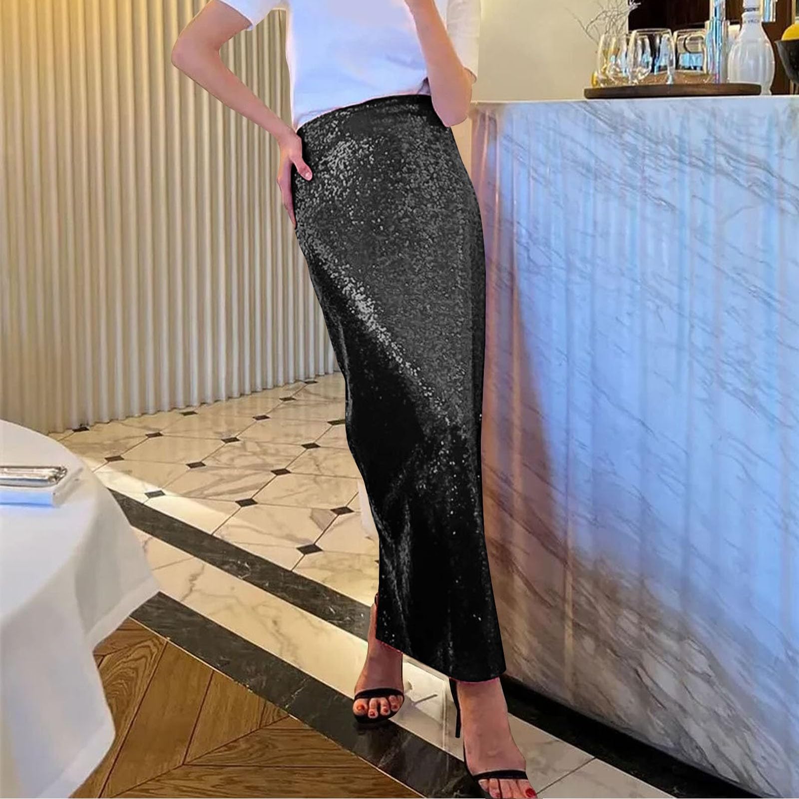 Glitzerrock Gold Damen Maxi, Hohe Taille mit Elastischem Bund Elegante Lang Maxirock Einfarbig Glitzer Pailettenrock Silvester Wickelrock Frauenrock Party Rave Outfit Karneval Rock