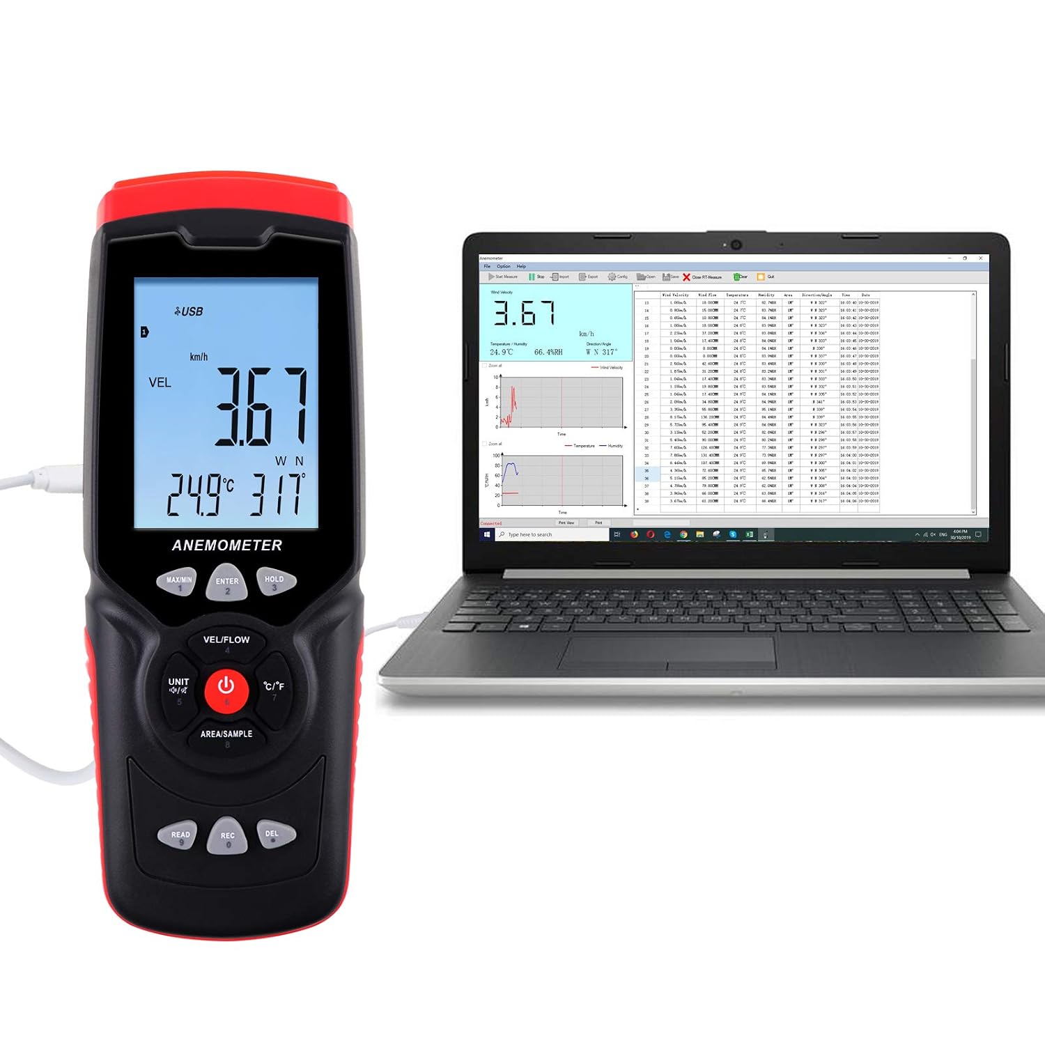 Datalogger Anemometer Air Flow Wind Speed Velocity Temperature Humidity Measurement