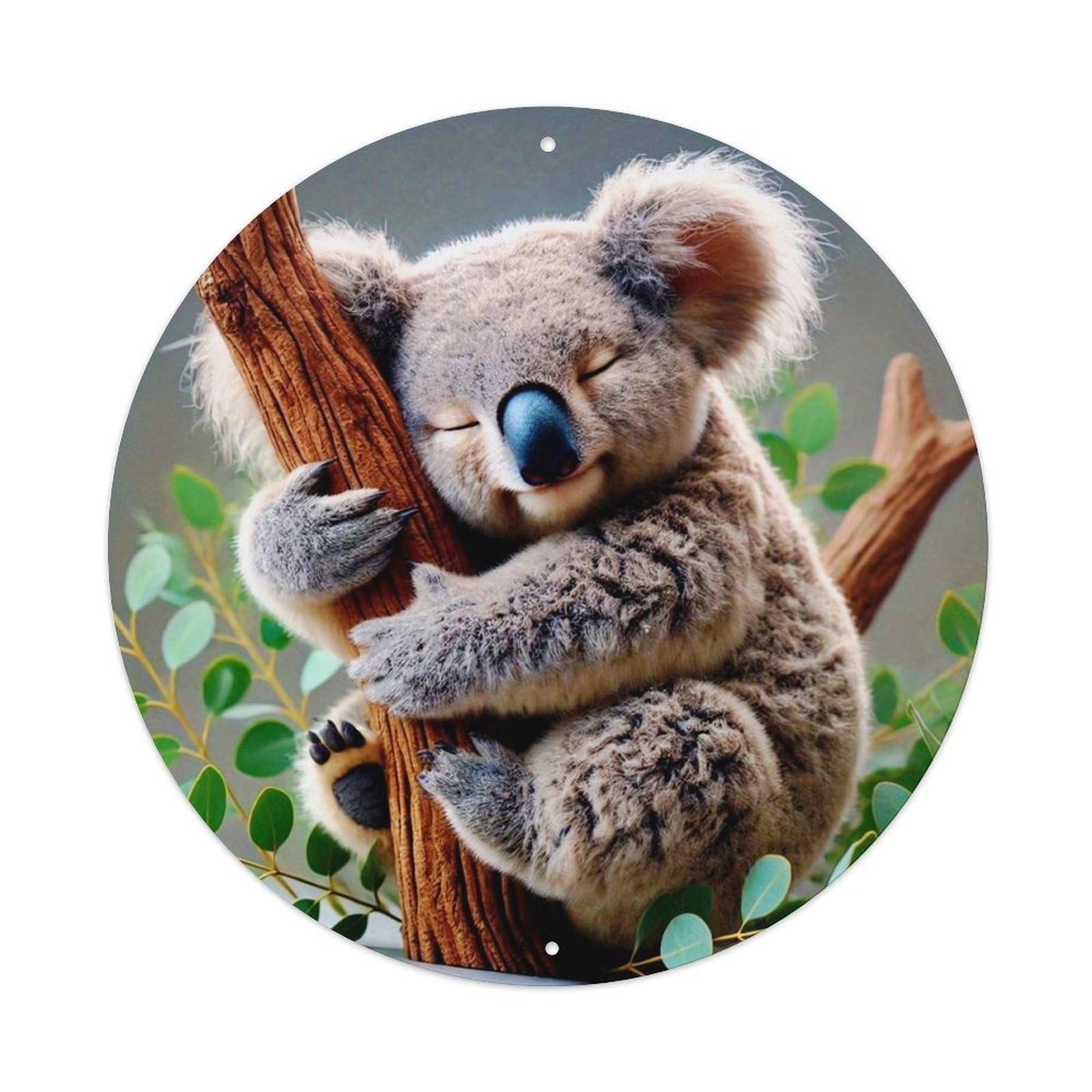 Sleeping Koala On Tree Branch Vintage Metal Tin Sign Retro Wall Decor for Home Bar Garage Cafe, Indoor & Outdoor Decorative，circle Metal Poster, 8x8 Inch