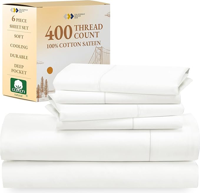 2-Pack Queen Sheet Set - 400 Thread Count 100% Cotton Sateen - Extra Soft, Breathable & Cooling Sheets, Wrinkle Resistant, 2 Sets of Deep Pocket Bed Sheets - Ivory