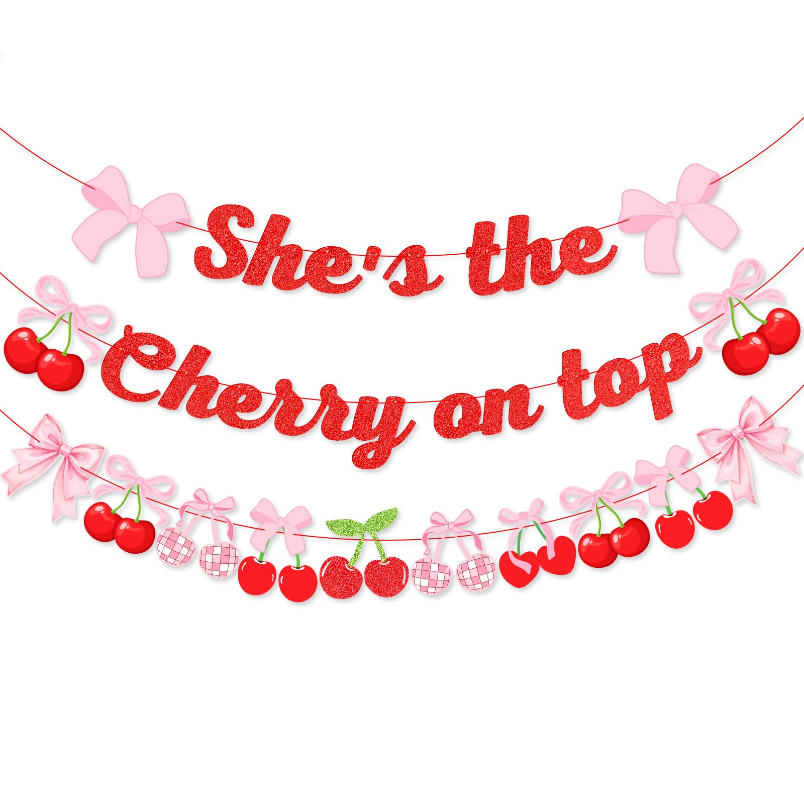 K KUMEED 3PCS Cherry Party Decorations,She's The Cherry On Top Theme Banner, Cherry Garland Decor Summer Fruit for Birthday Baby Shower Wedding Bridal Shower