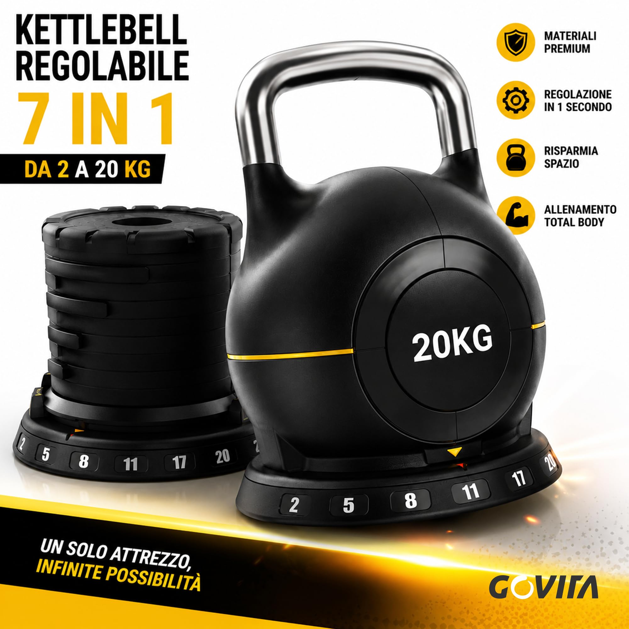 Kettlebell Regolabile 20 kg, 7 Pesi in 1 da 2 a 20 kg, Manubrio Regolabile per Home Gym, Cross Training, Functional Training, Fitness, Body Building e Allenamento della Forza