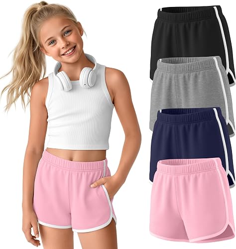 Custoneei 4 Pack Girls' Shorts Athletic, 4-Color, 11-12 Years