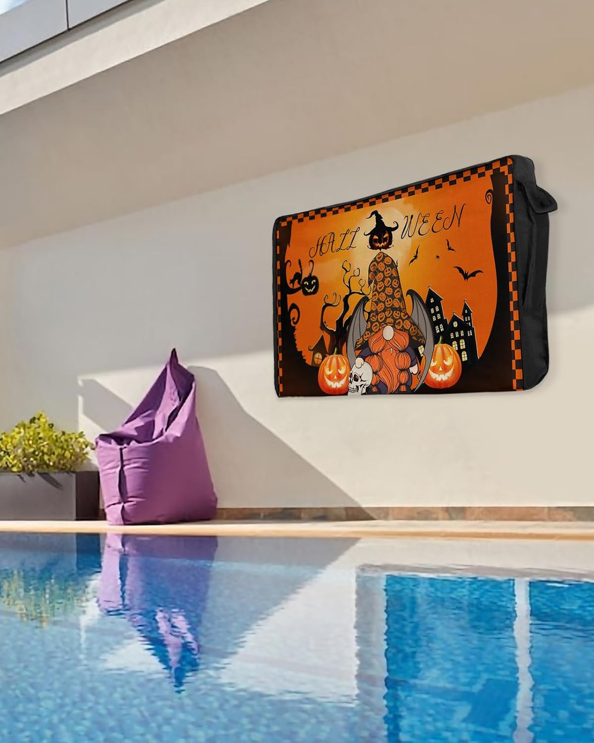 Outdoor TV Cover - Halloween Gnome with Bat Wings Pumpkin Ghost House Waterproof and Weatherproof 48"-50" LCD Movable Shield TV Display Screen Protector Outside Television Covers