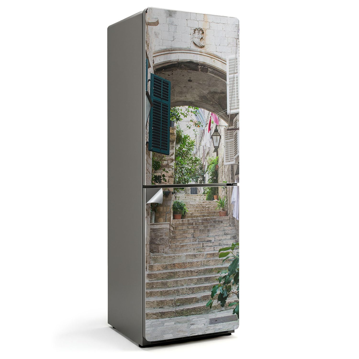 Autocollant pour réfrigérateur 60x190 cm auto-adhésif avec motif de rue et escaliers