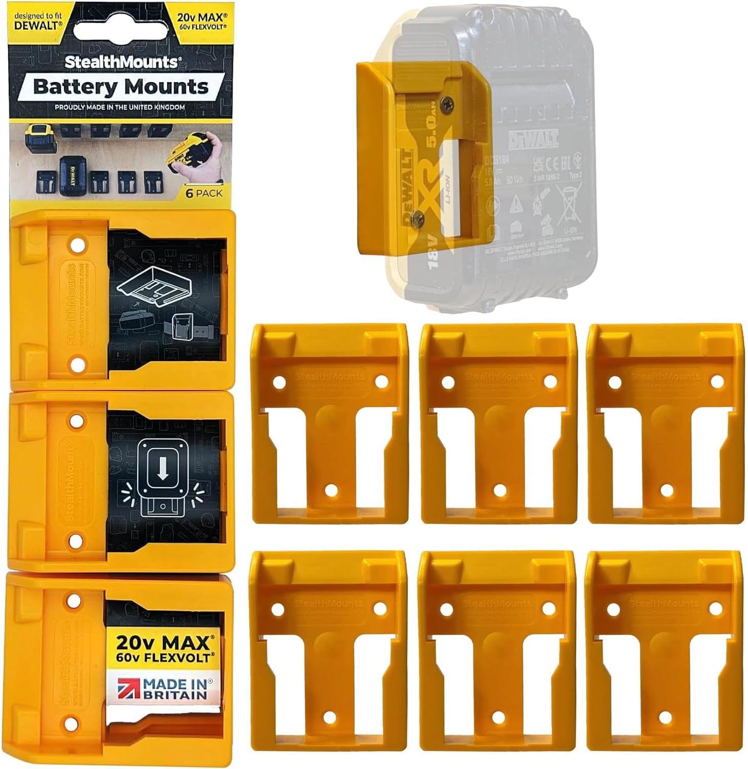 StealthMounts Yellow Battery Mounts Compatible with DeWalt – 6 Pack | Battery Holder | Wall Mounted Holders for Power Tool Storage & Accessories | Made in the UK