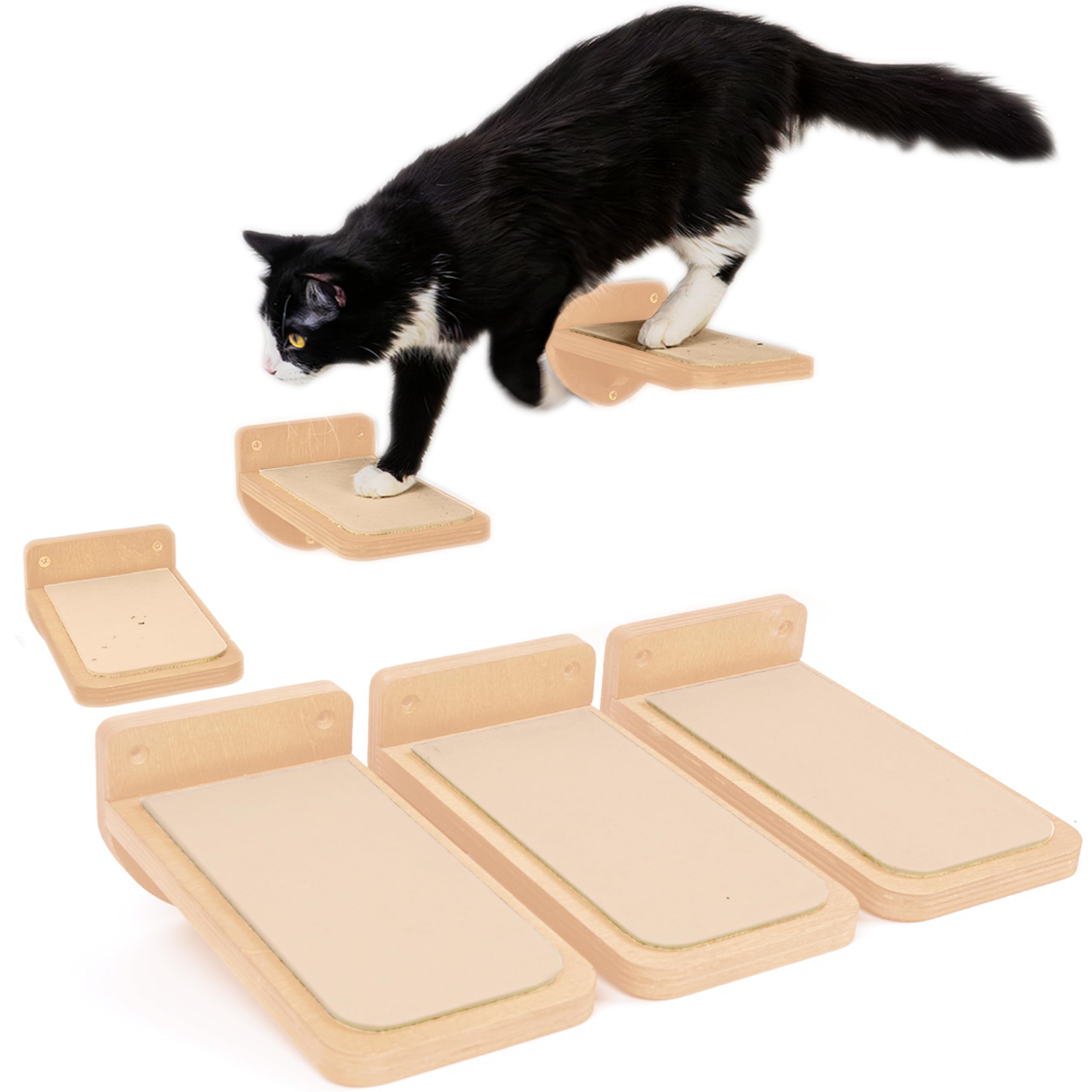 INICIO Cat Wall Stairs, Natural Wood - Set of 3 Wall Steps for Cats to Climb with Fixtures, 8.7"x4.7" - Floating Steps for Climbing or Playing - for