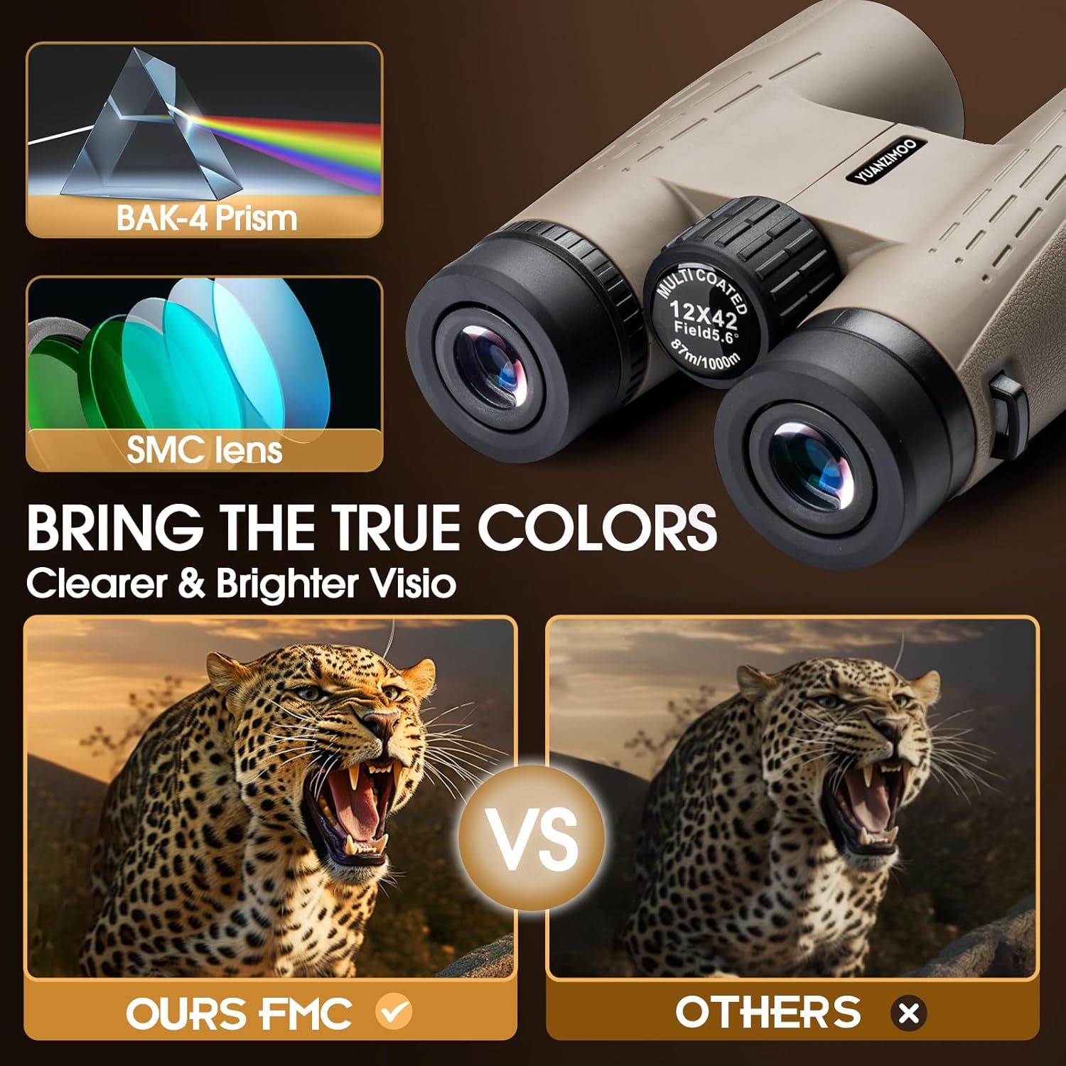 12x42 HD Binoculars for Adults High Powered Binoculars with Upgraded Phone Adapter Waterproof Compact Binocular with Low Light Night Vision for Bird Watching Hunting Outdoor Sports Concerts Mud - Image 3