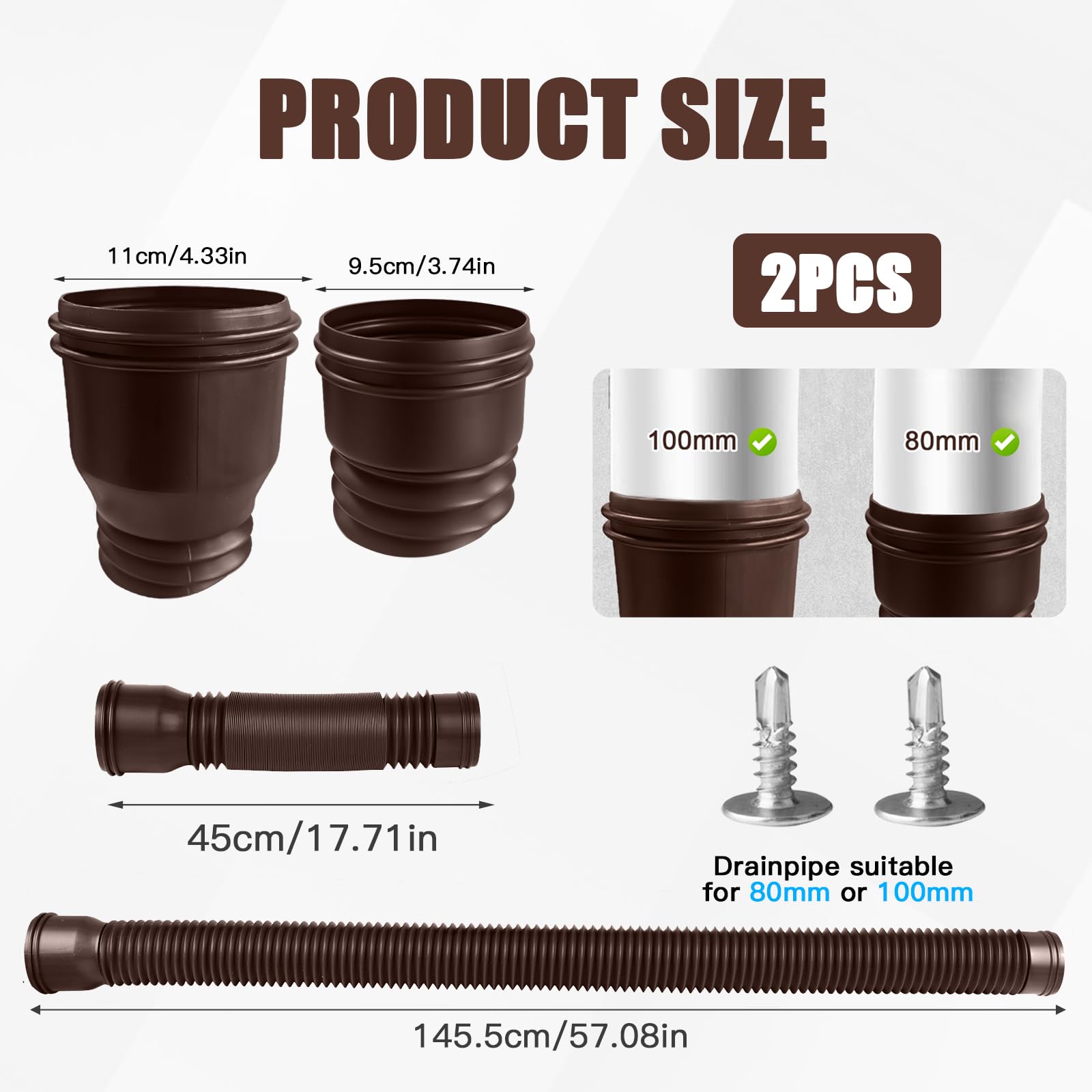 Tubo di scarico per grondaia, prolunga flessibile per tubo di scarico 80/100 mm, prolunga per grondaia estensibile da 47 a 150 cm (marrone, 2 pezzi)