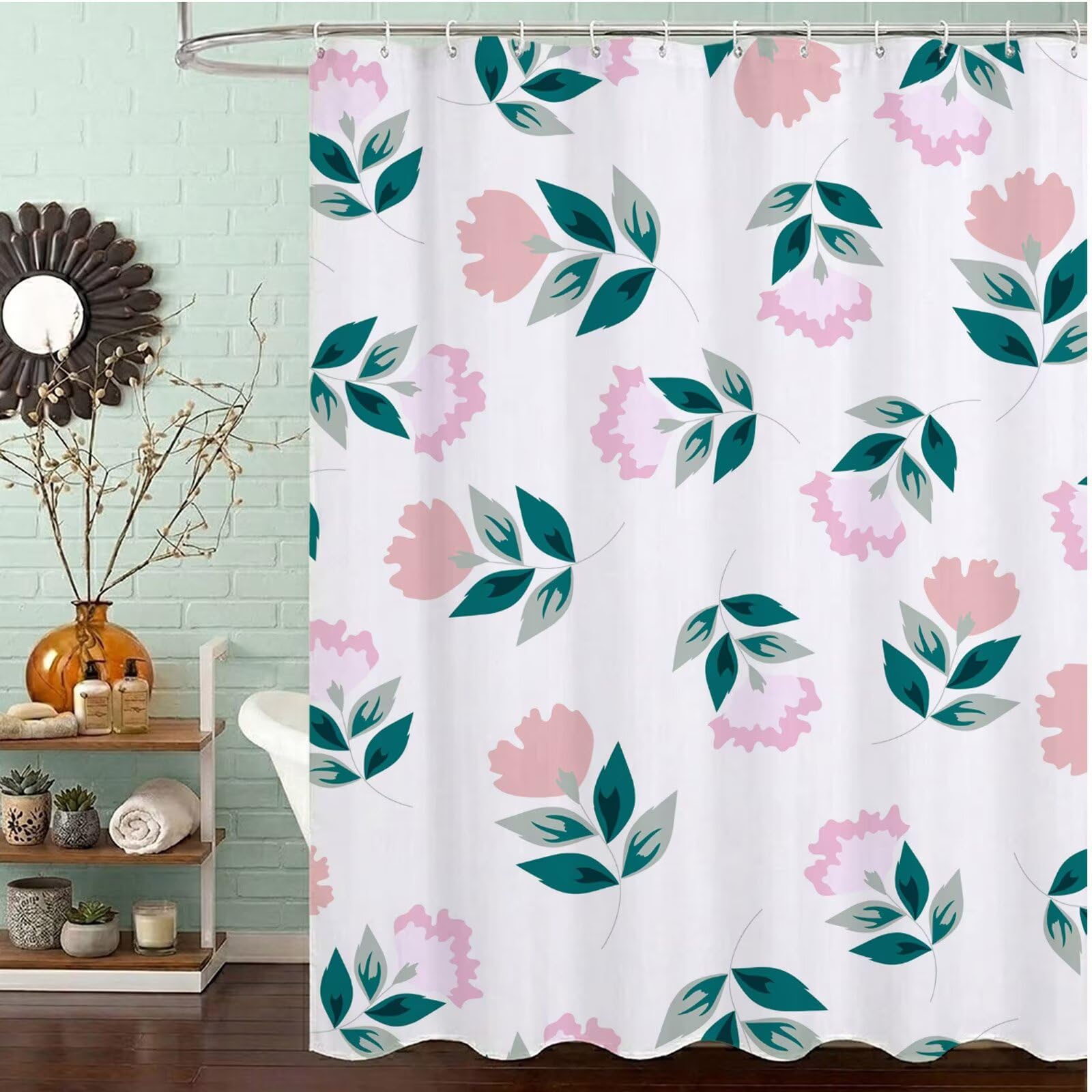 Rideau de douche imperméable en polyester lavable fleuri beige 90x180