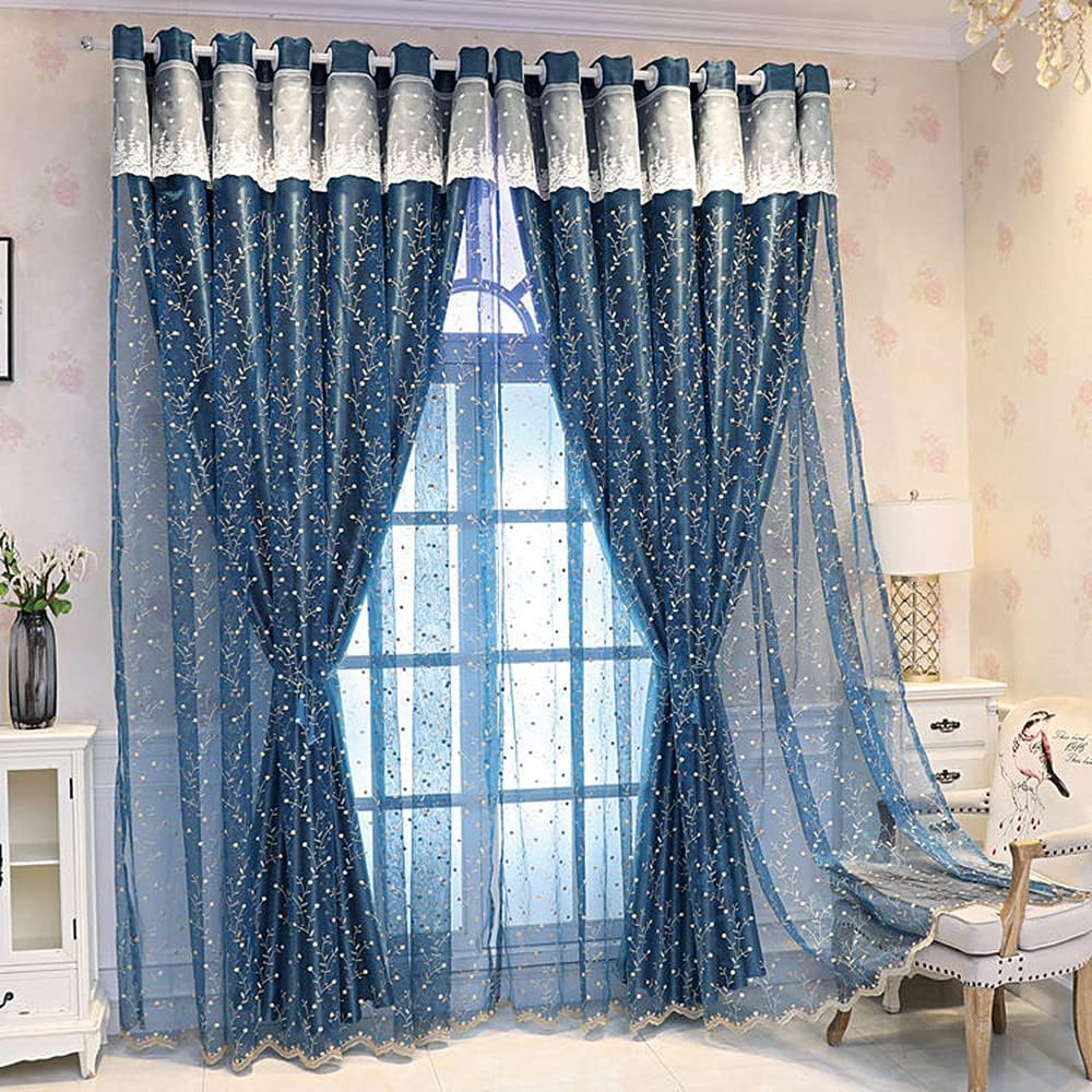 Cortinas opacas de salón azul real de 66 x 90 pulgadas con cerezas bordadas