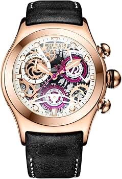 REEF TIGER Men's Watch Analogue Quartz Rose Gold Case with Leather